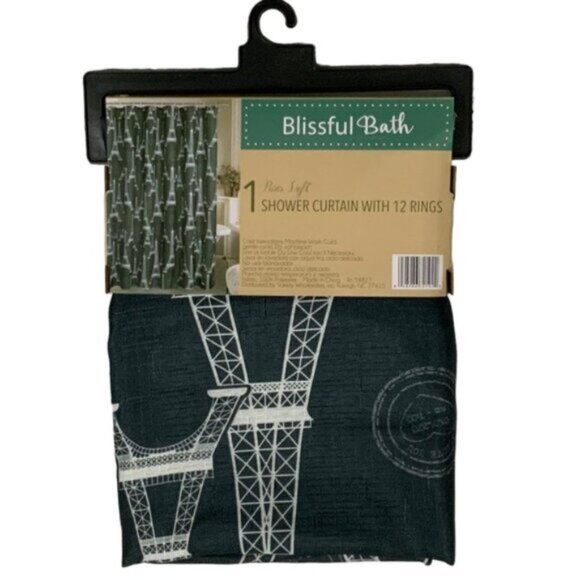 Blissful Bath Paris Shower Curtain Fabric Paris Eiffel Tower Hooks Black White - Picture 5 of 15